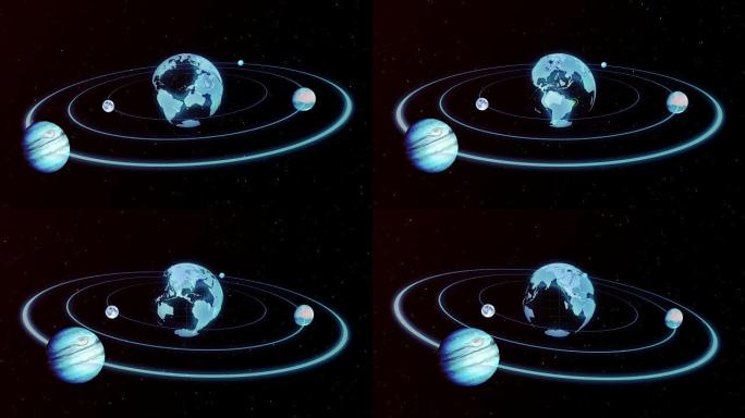 地球，月亮，木星在太空中沿椭圆移动的全息图