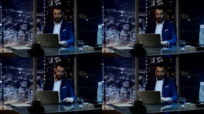 一个商人在他的私人办公室里用笔记本电脑工作，可以看到大城市的窗户。