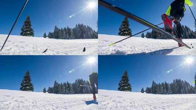 在平行凹槽滑雪道上的越野滑雪者