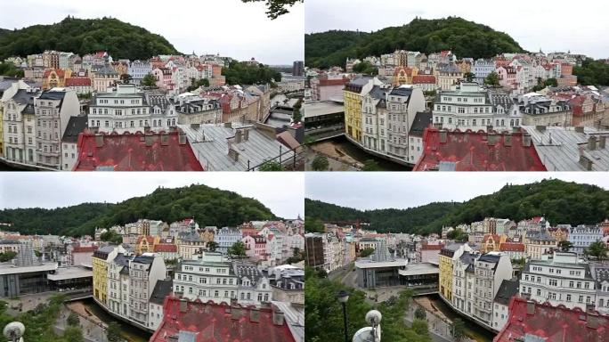 平移镜头:捷克共和国卡罗维法利镇鸟瞰图