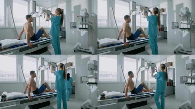 在医院里，男人坐在床上，女技术员调整x光机扫描他的腿是否受伤。扫描骨折、四肢骨折、癌症或肿瘤。拥有技