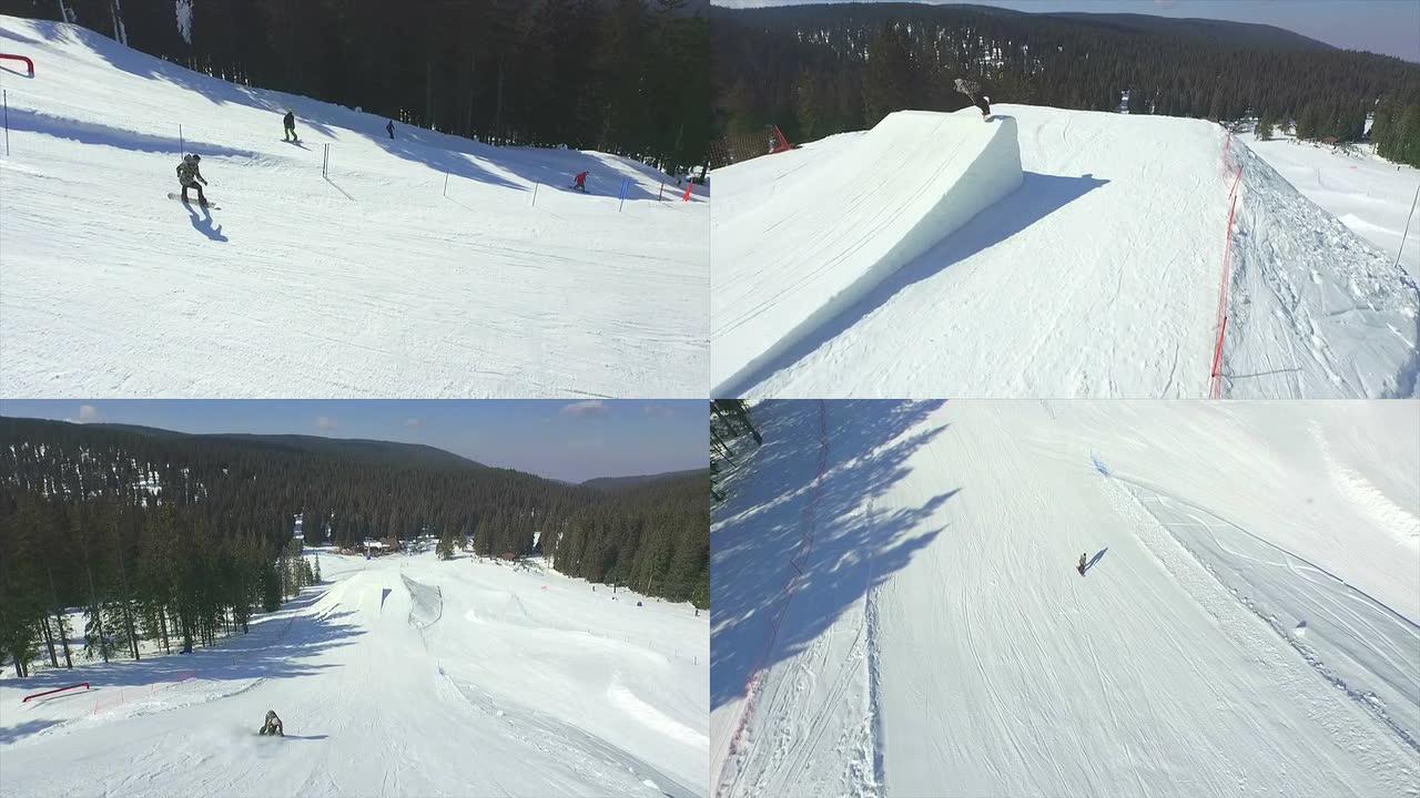 空中: 滑雪板运动员在冬季跳高空中踢脚