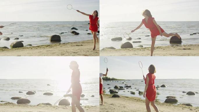年轻的男人和女孩正在海滩上打羽毛球