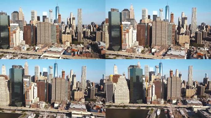 曼哈顿的鸟瞰图，金融区有摩天大楼。无人机在美国纽约的办公室周围飞行