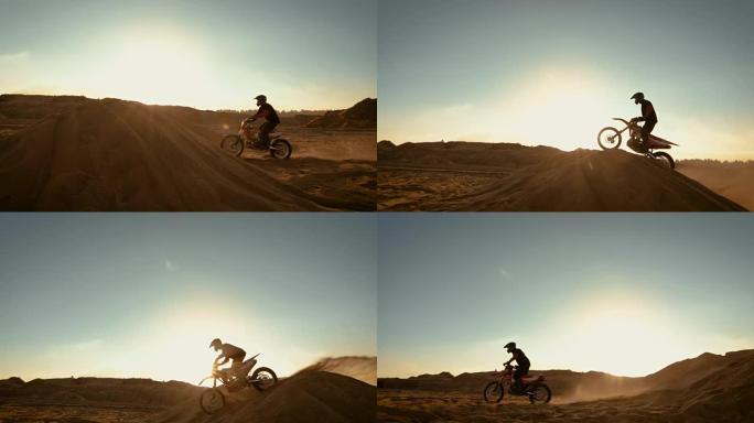 专业摩托车越野赛摩托车骑手跳过沙丘和越野赛轨道。在太阳落山时拍摄的废弃采石场。
