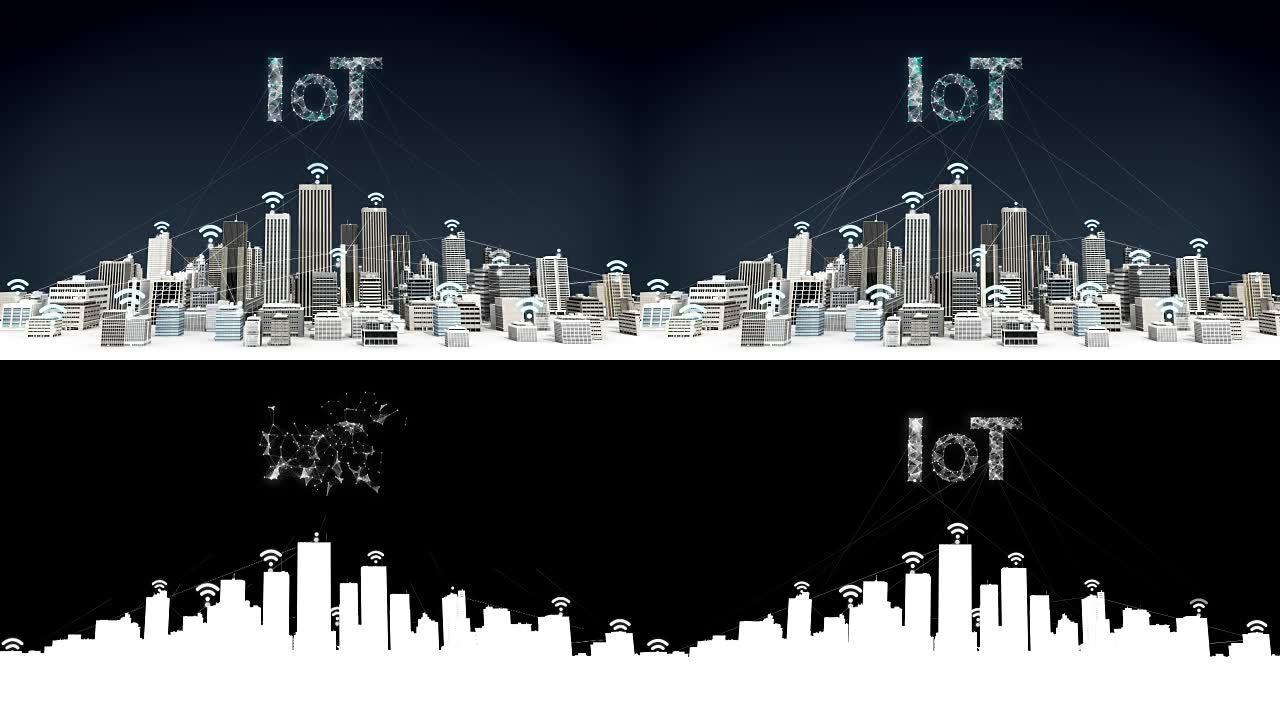 智能城市上的东西wi-fi图标，连接网格错字 'IOT' 概念。