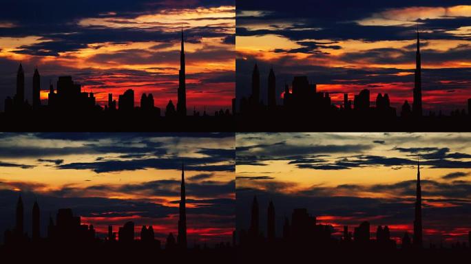 阿联酋日落时迪拜城市景观剪影的延时