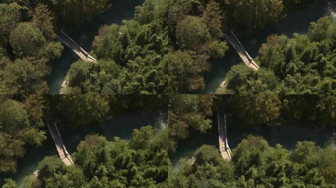空中: 郁郁葱葱的茂密森林中的绿河上方巨大的石桥
