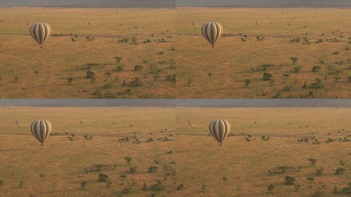 空中: 充满欢乐游客的Safari热气球在地面上飞行