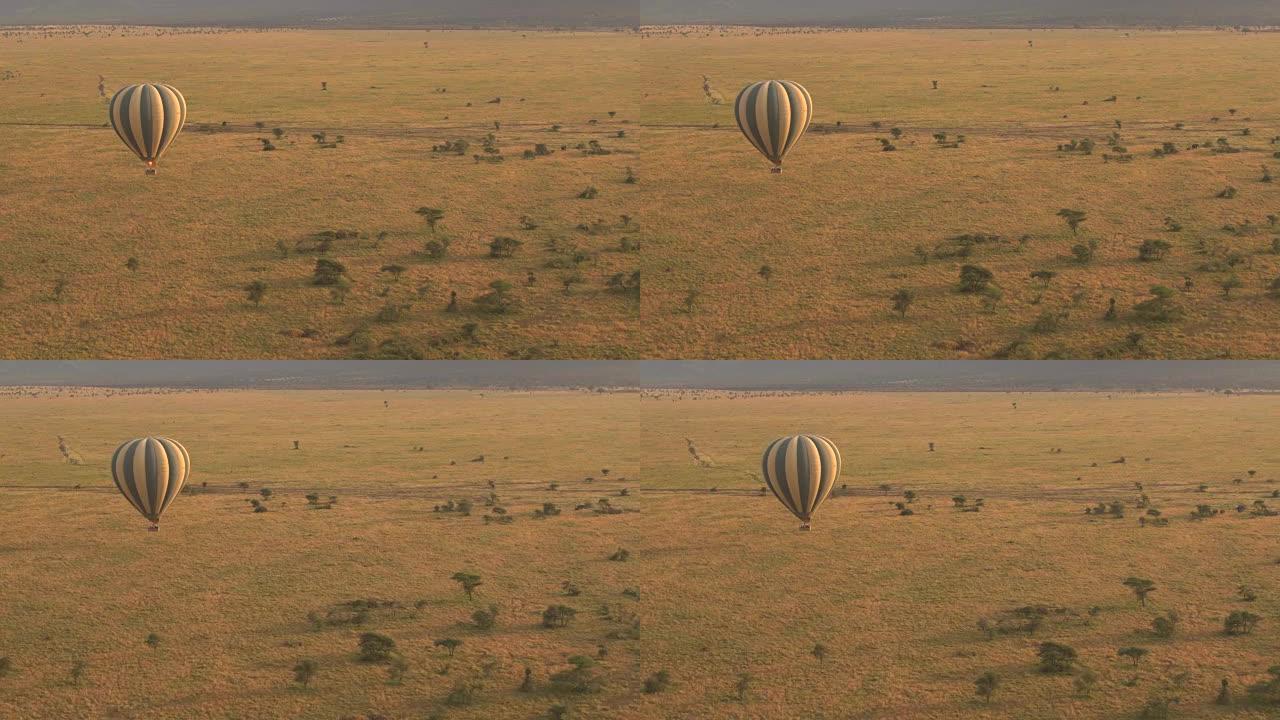 空中: 充满欢乐游客的Safari热气球在地面上飞行
