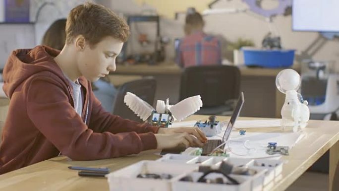聪明的小男孩在计算机科学课上为他的新机器人编程项目在笔记本电脑上工作。其他孩子在后台学习。