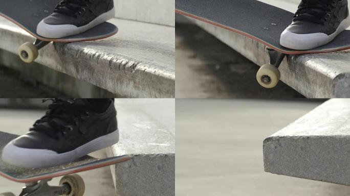 慢动作极限特写dop: 溜冰者在混凝土长凳上滑冰