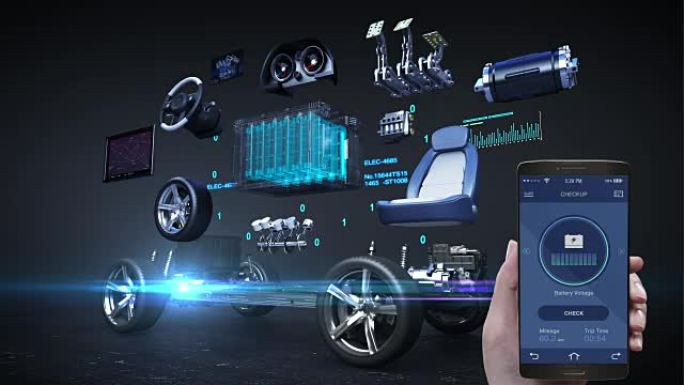 汽车诊断电池管理应用程序使用移动，智能手机，电子，锂离子电池回声汽车。给汽车电池充电。环保未来汽车。