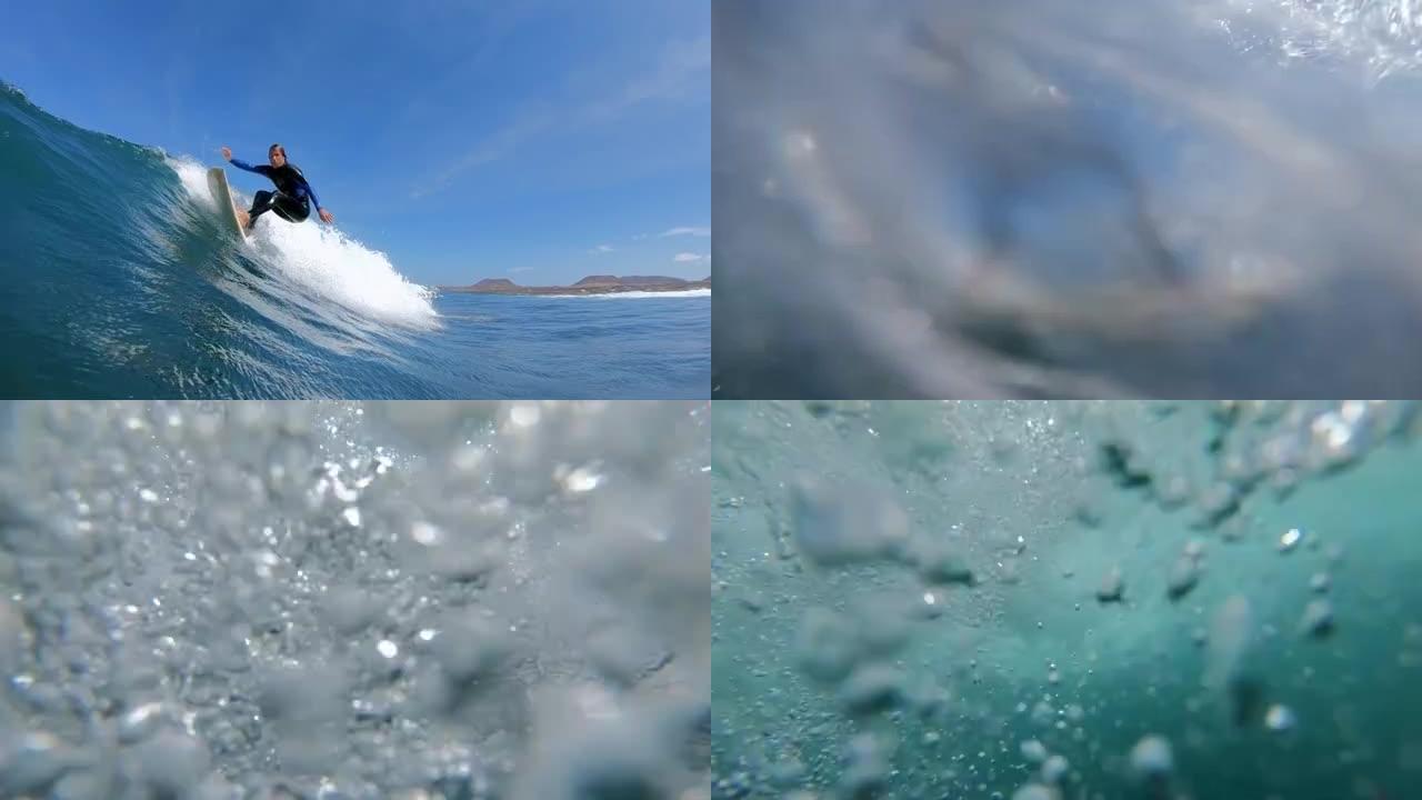 慢动作: 冲浪者花花公子在冲浪板上急转弯并溅起相机。