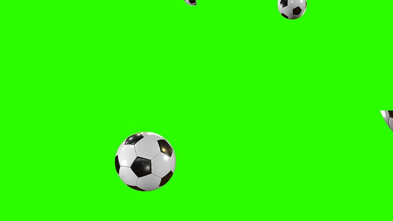 一套6个视频。美丽的足球在绿屏上以慢动作射击。飞球的足球3d动画。