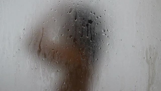 磨砂玻璃淋浴间后面的女人