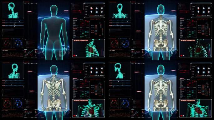 放大女性扫描人体骨骼结构，数字显示骨骼。