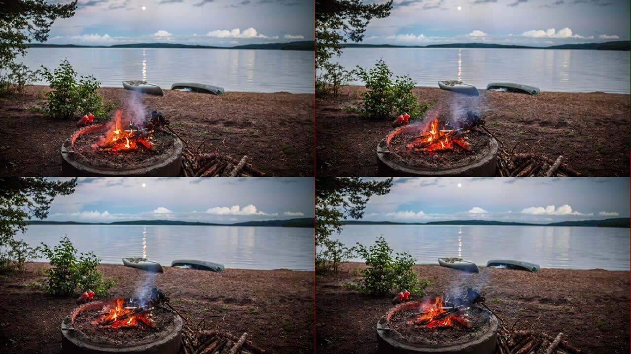 篝火在旷野的湖边