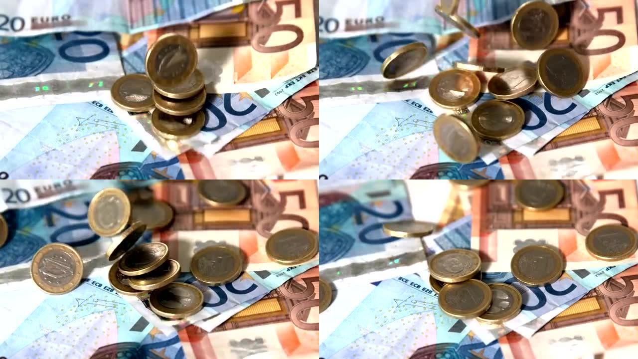 欧元硬币掉落到纸币上