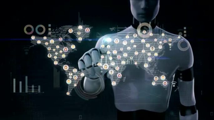 机器人，机器人接触互联世界的人，使用4k大小的通信技术。有经济图表，图表。社交媒体2。