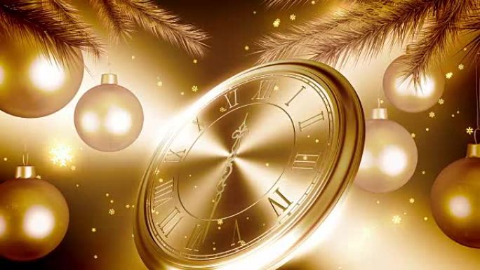 金色背景上的金色新年时钟倒计时。4K. 3840x2160。