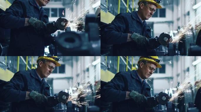 带角磨机的工人在工业环境中进行金属加工