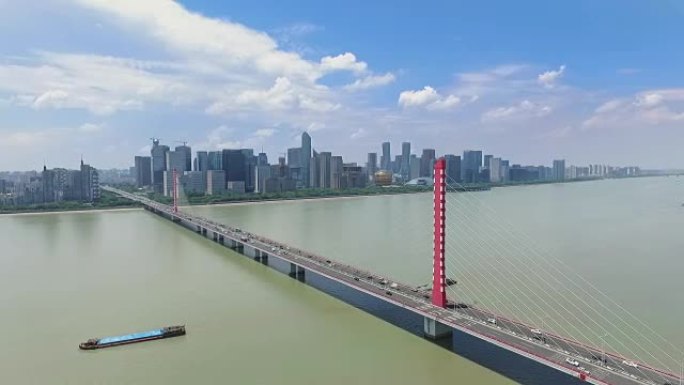 云天现代城市的河流桥梁和城市景观
