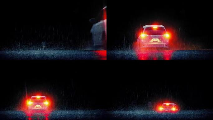 带有刹车灯的戏剧性汽车在雨中行驶