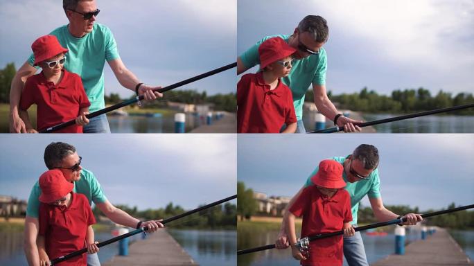 男孩学习如何钓鱼