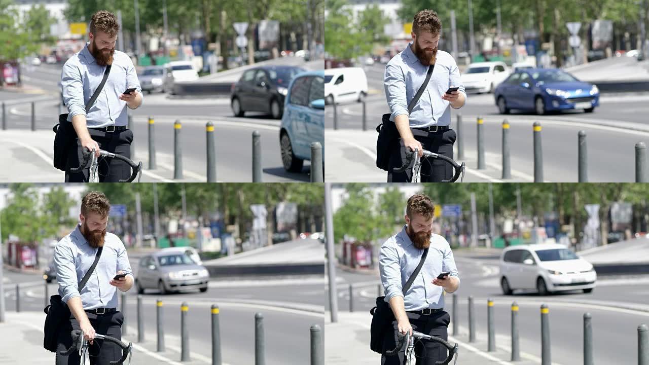 LS时髦人士在城市的自行车上使用智能手机