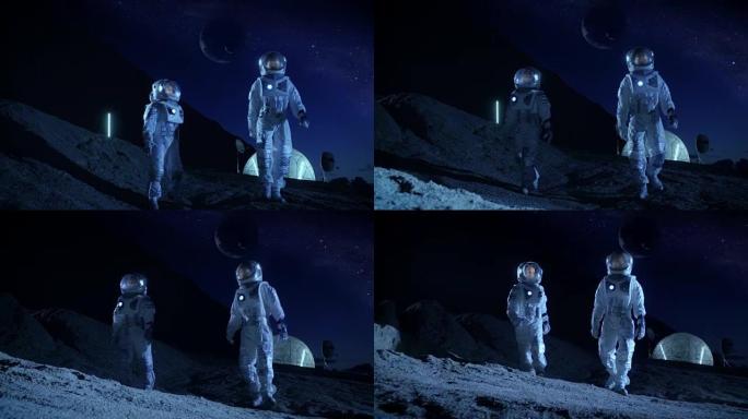 两名宇航员穿着宇航服探索新发现的行星。在具有可居住圆顶的背景空间基地中，可以看到天空中的外行星。太空
