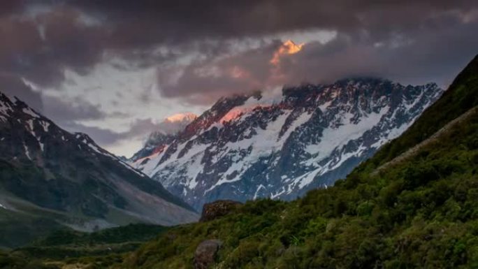 新西兰坎特伯雷库克国家公园库克山胡克山日落时分，缩小