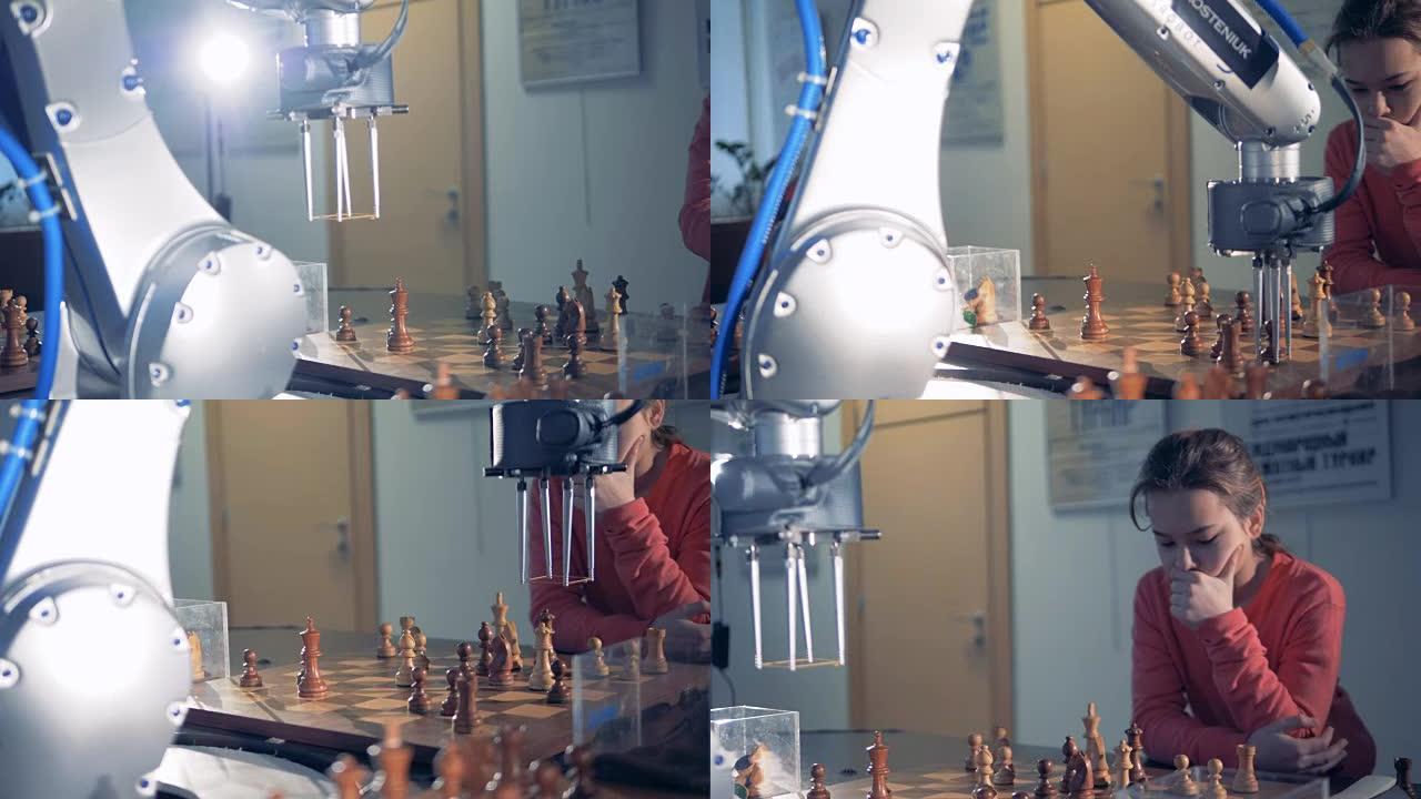 机器人和人类下棋。电脑手机械手移动国际象棋，按下控制手表的键。