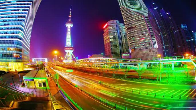 夜上海。夜景灯火车流金融中心城市