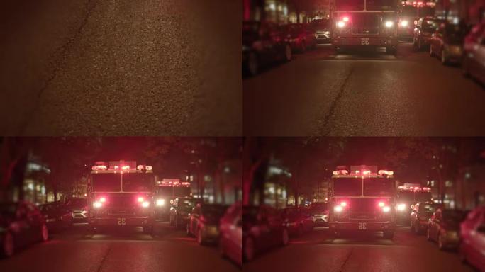 带有警告灯的消防车特写。晚上消防车。