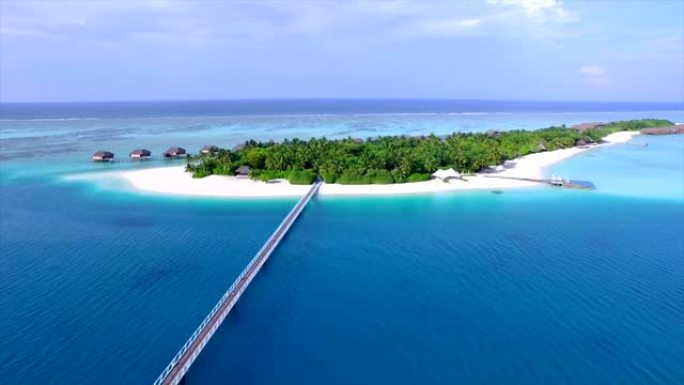 空中: 带有白色沙滩和棕榈树的异国情调的岛屿度假胜地