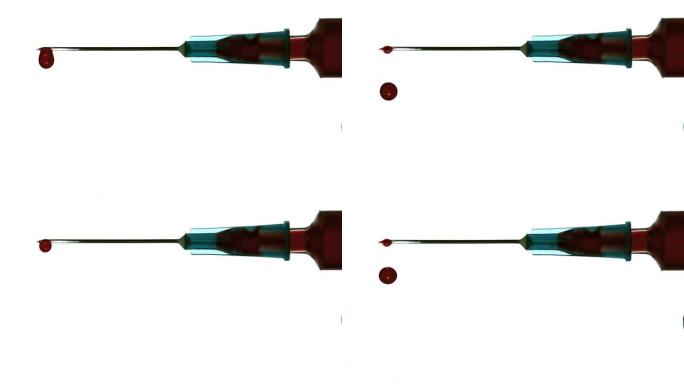 从白色背景上的注射器掉落的血滴