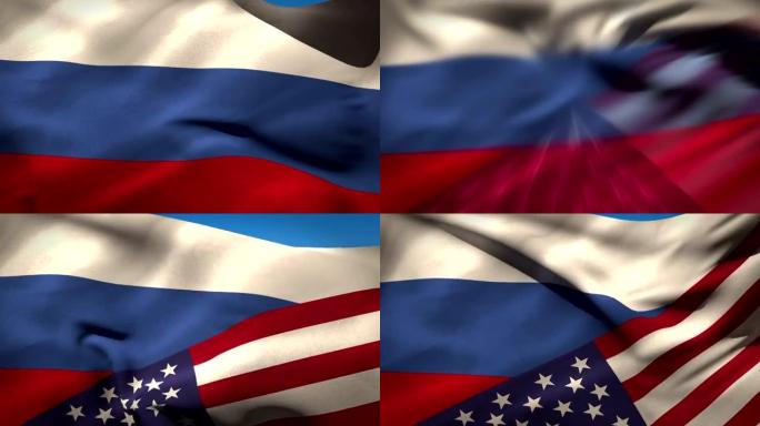 俄罗斯和美国国民在风中的旗帜