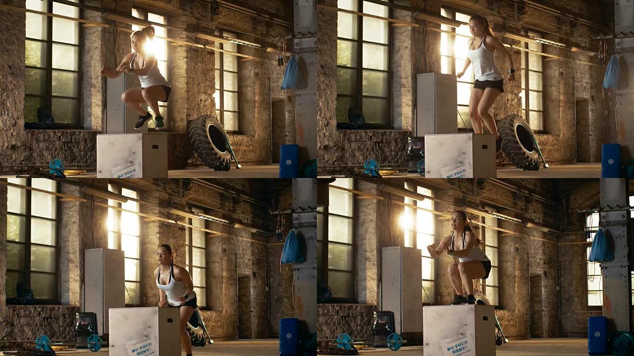 健身女运动员在废弃的工厂体育馆做拳击跳跃。剧烈运动是她日常交叉健身训练计划的一部分。