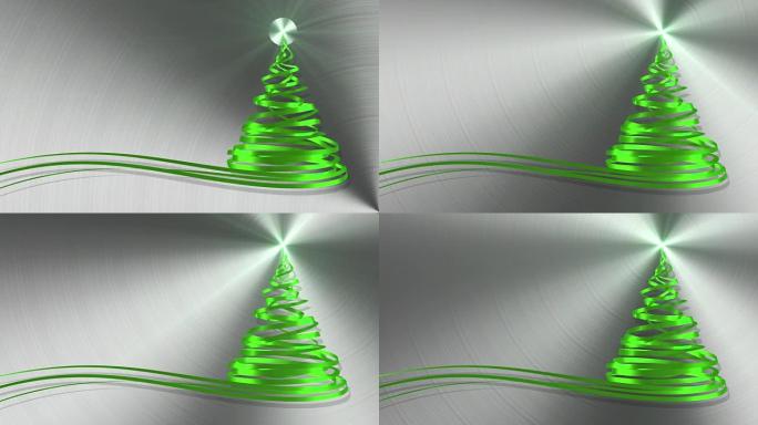 金属背景上的绿色胶带上的圣诞树