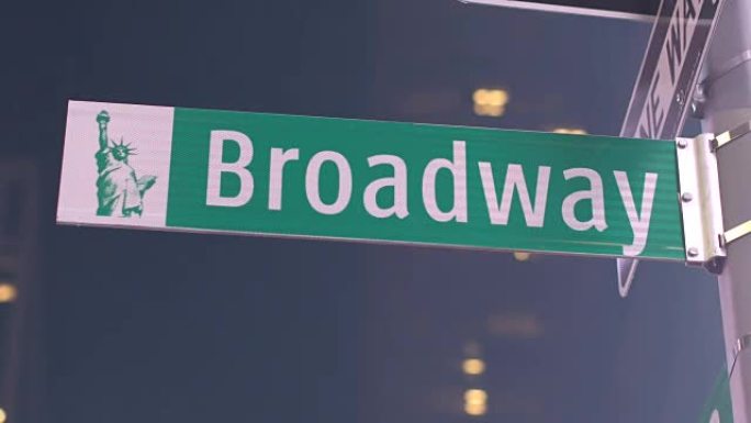特写: 标志性的时代广场上著名的百老汇街道标志