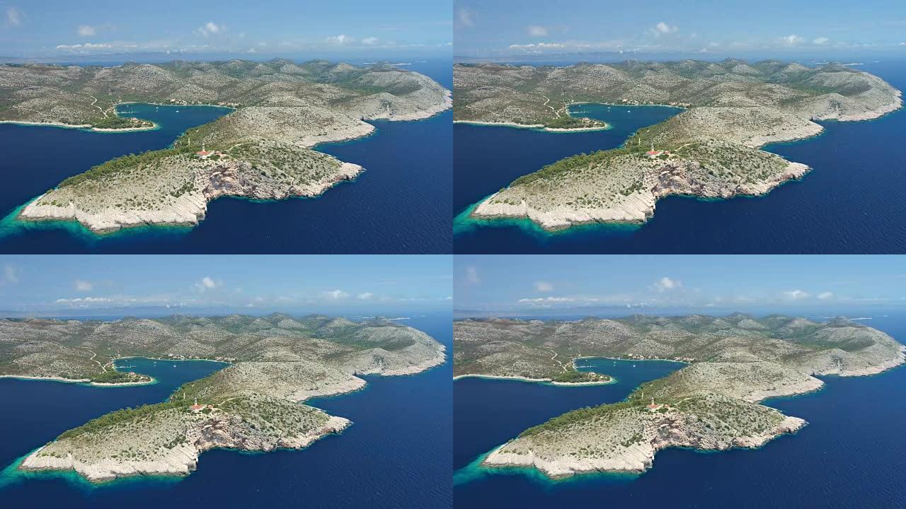 克罗地亚拉斯托沃阳光明媚的岛屿周围的无人机视点蓝色海洋
