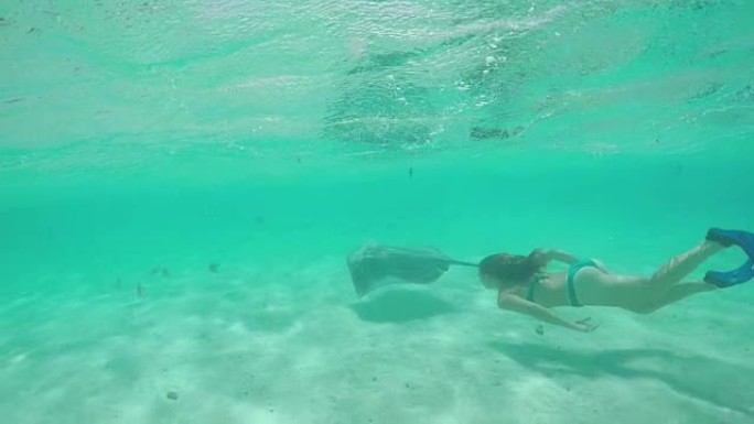 慢动作: 年轻女子用友好的黄貂鱼在水下游泳