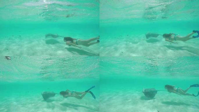慢动作: 年轻女子用友好的黄貂鱼在水下游泳