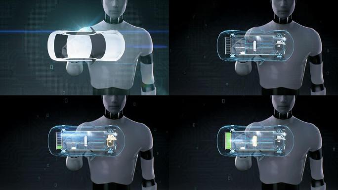 机器人，机器人触摸电子离子电池回声车。给汽车电池充电。电池电量检查，未来的汽车。顶部视图2。4k电影