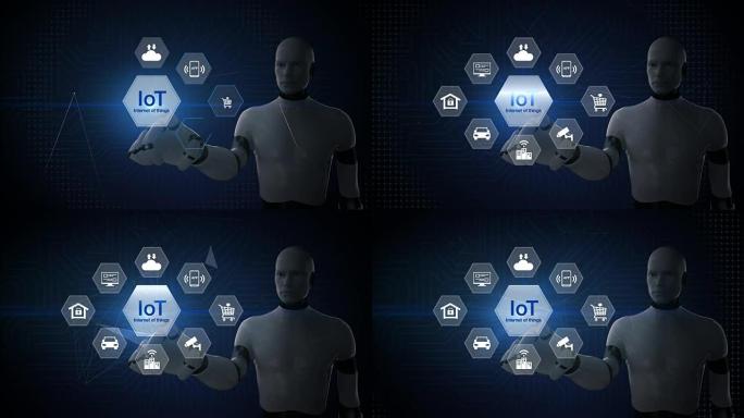 机器人，机器人触摸物联网六边形图标，家庭安全，cctv，智慧城市，移动应用程序，汽车，物联网。4k电