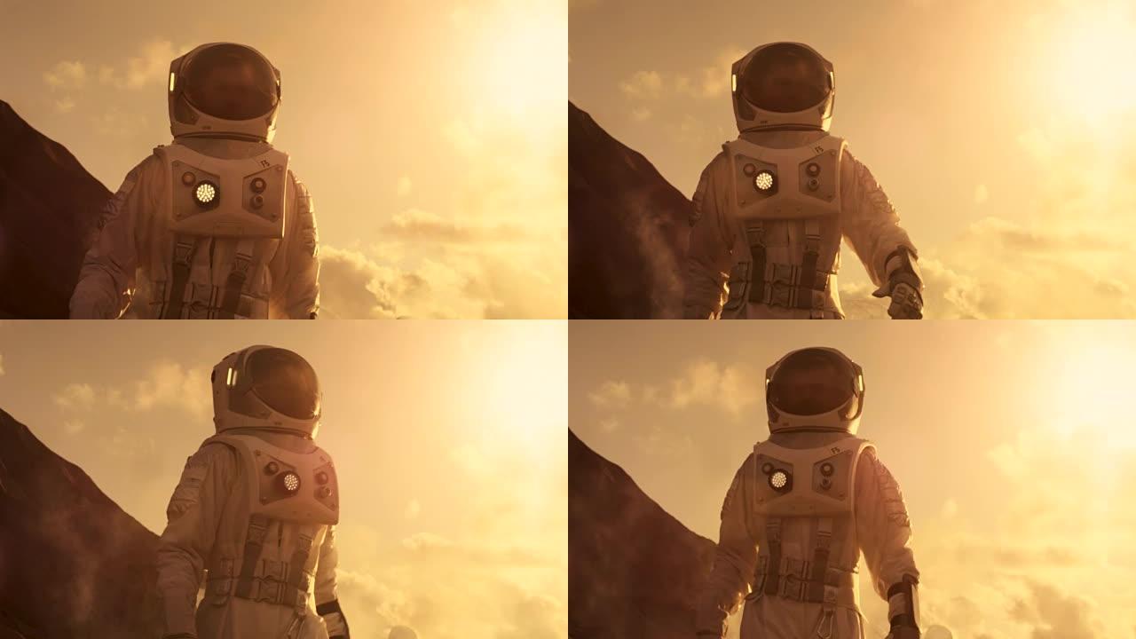 中景宇航员穿着宇航服探索火星/红色星球。第一次载人火星任务，技术进步带来了太空探索和殖民。