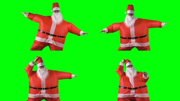 圣诞老人在绿色背景上跳舞，做出不同的动作。