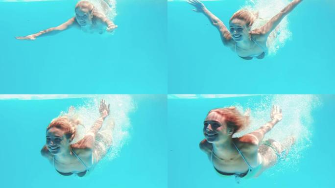 迷人的女人在游泳池里潜水