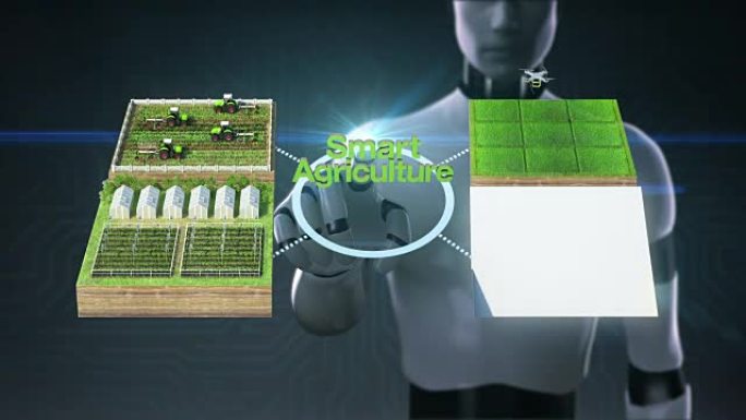 机器人，半机械人触摸“智能农业”技术，智能农场，传感器连接乙烯房，温室。连接物联网。4工业Revol
